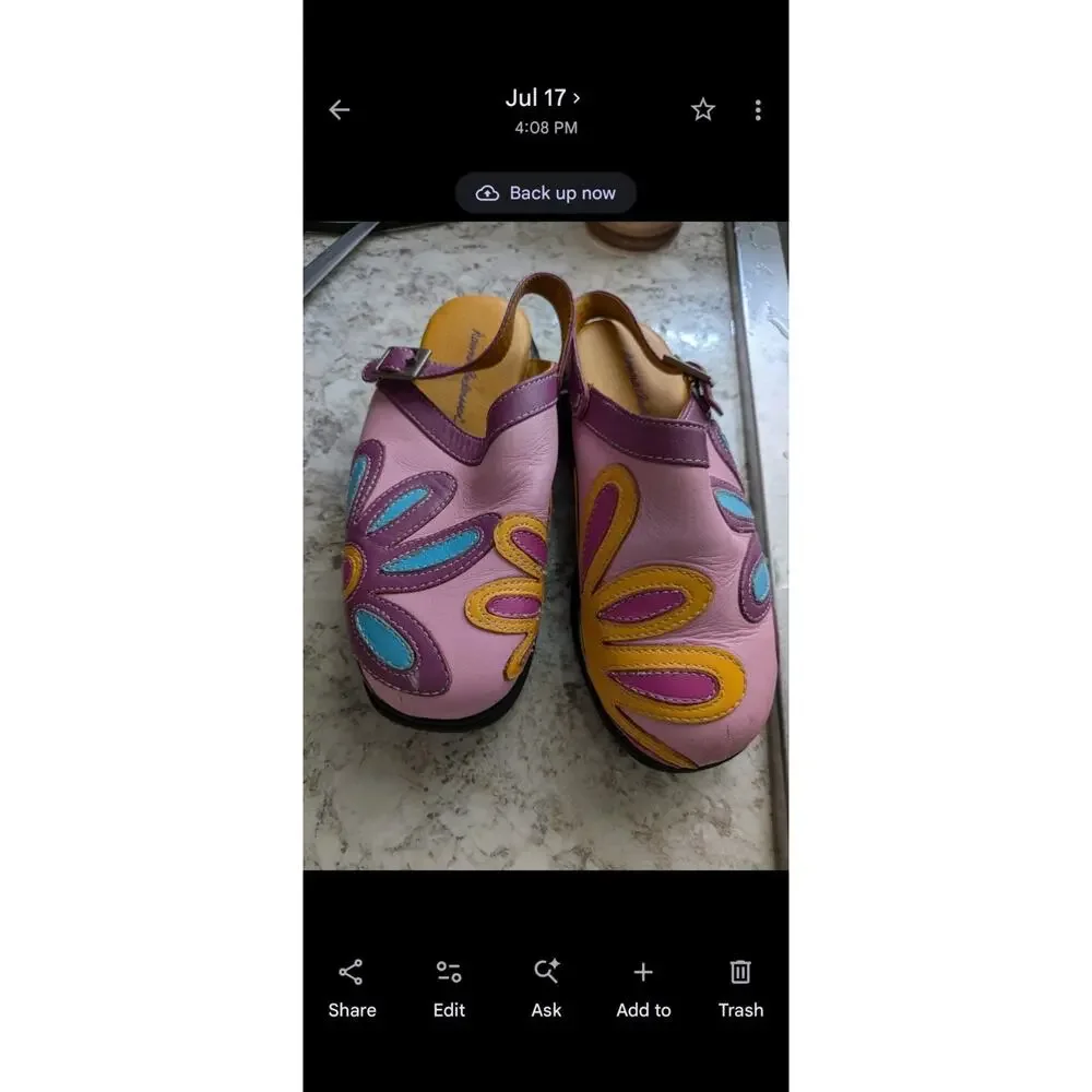 Hanna Andersson Leather Clogs girls EU 33 Pink Floral Leather Wood Sz 1 -2